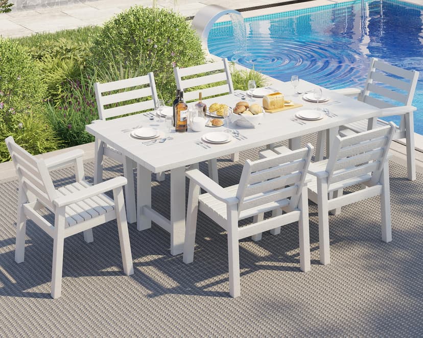 AMERLIFE 7-Piece HDPE Outdoor Dining Set with Umbrella Hole, 71" L Patio Table and Chairs Set for 6, Modern Garden Dining Set for Backyard, Poolside, Seaside, Porch, White