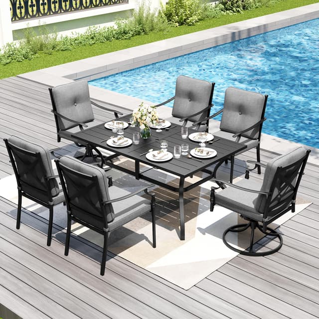 PHI VILLA 7 Pieces Outdoor Dining Set for 6, Rectangular Black Steel Dining Table with Fixed and Swivel Iron Chairs, Large Dining Furniture Set with Cushions for Patio, Deck, Porch, Backyard