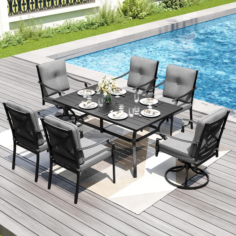 PHI VILLA 7 Pieces Outdoor Dining Set for 6, Rectangular Black Steel Dining Table with Fixed and Swivel Iron Chairs, Large Dining Furniture Set with Cushions for Patio, Deck, Porch, Backyard