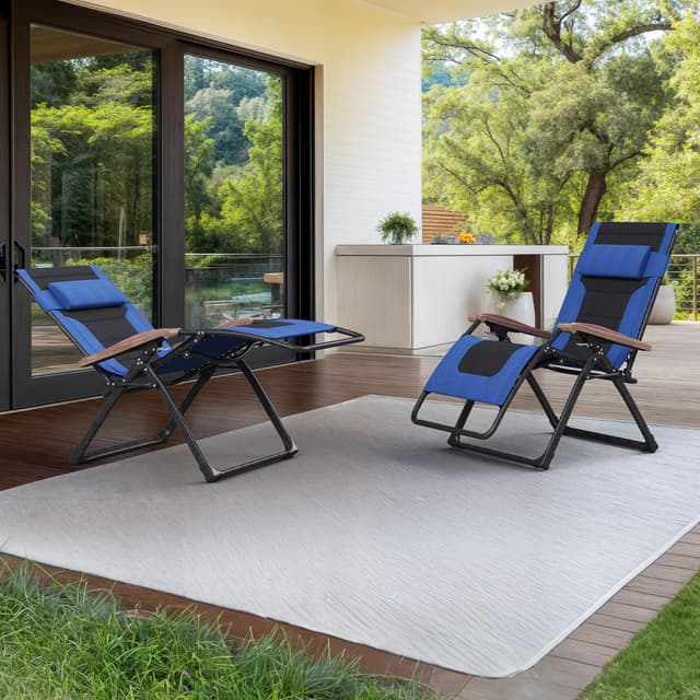 PURPLE LEAF Oversized Outdoor Reclining Chair Set of 2 Patio Zero Gravity Chaise Lounge Folding Chair with Quilted Cushion Adjustable Headrest for Lawn Camping Beach Pool Navy Blue and Black