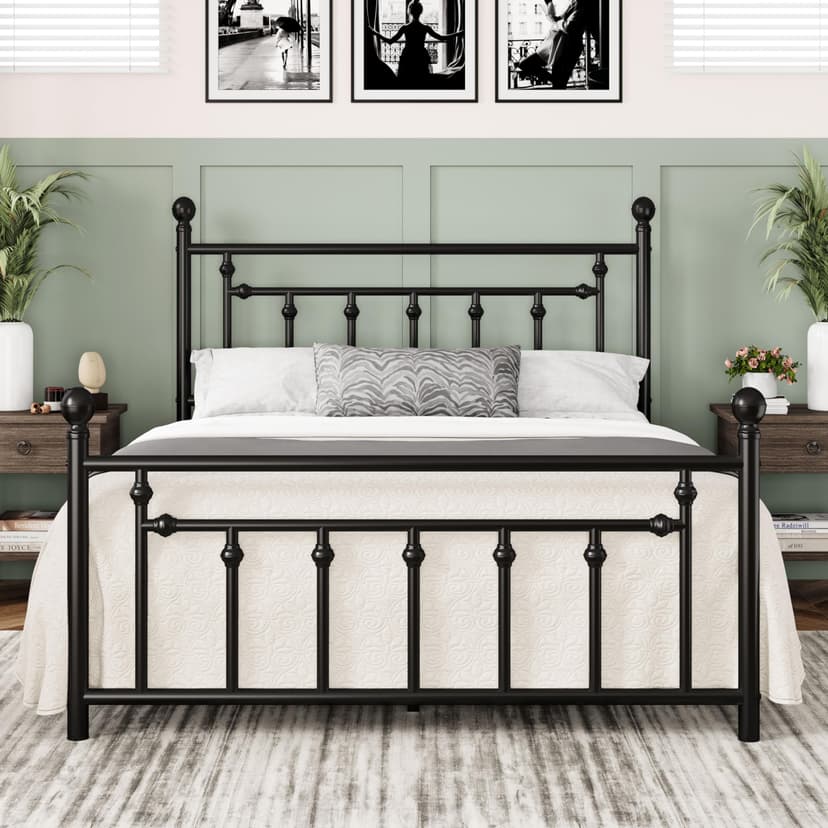 Allewie 14 Inch Queen Size Metal Platform Bed Frame with Victorian Vintage Headboard and Footboard/Mattress Foundation/Under Bed Storage/No Box Spring Needed/Easy Assembly/Noise Free/Black