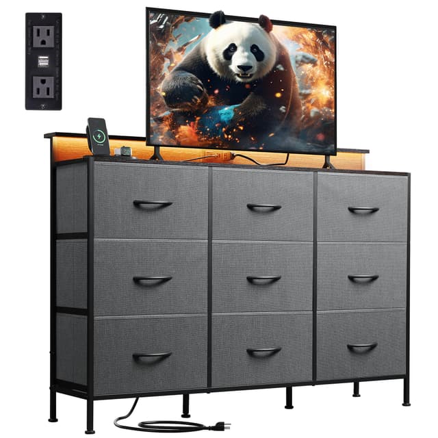 WLIVE Grey Dresser TV Stand for 45, 50, 55 inch TV, Entertainment Center with LED Lights & Charging Station, Chest of drawers with 9 Fabric Drawers and Open Shelves for Living Room, Hallway, Dark Grey
