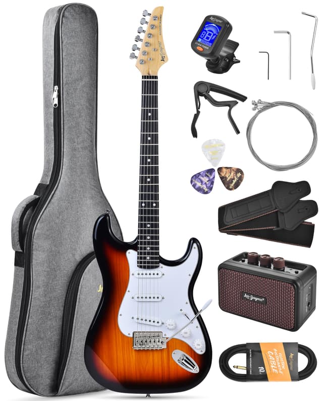 Leo Jaymz Beginner Electric Guitar Complete Kit with Portable Amp, Padded Gig Bag & Full Accessories, Maple Neck SSS Pickups (Sunburst)