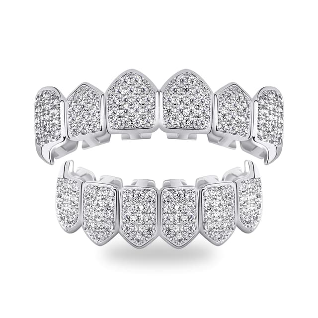 TOPGRILLZ Grillz Vampire Teeth - Grills for Your Teeth Grillz for Women Men 18K Gold-Plated Iced out CZ Fangs Hip Hop Rapper Costume Accessory Cosplay Extra Molding Bars（Silver）