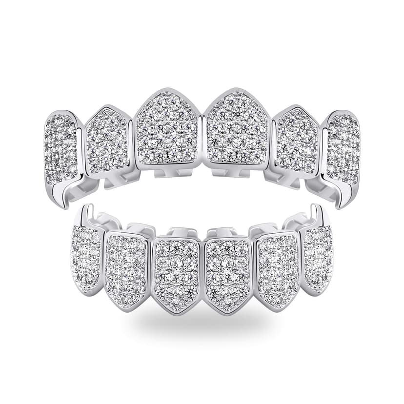 TOPGRILLZ Grillz Vampire Teeth - Grills for Your Teeth Grillz for Women Men 18K Gold-Plated Iced out CZ Fangs Hip Hop Rapper Costume Accessory Cosplay Extra Molding Bars（Silver）