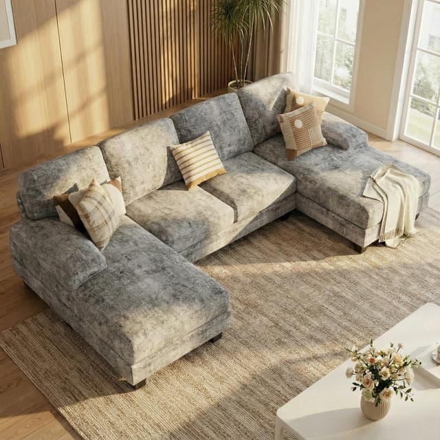 Homall Sectional U Shaped Sofa Couches for Living Room, Comfy Chenille 4 Seat Sofa Set with Removable Pillows, Lounge Chaise Upholstered Couch for for Apartment (Chenille, Grey)