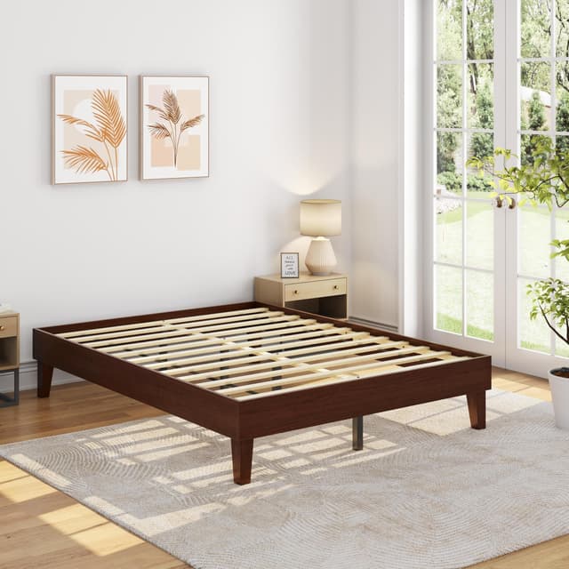 Yaheetech Queen Bed Frame Natural Solid Wood Platform Bed with Wooden Slats Support, 7.3-inch Underbed Space for Storage, Noise-Free Design, Easy Assembly, Dark Walnut Finish