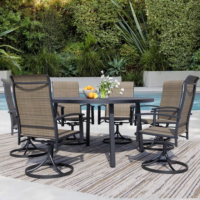 Stabrech 7 Pieces Outdoor Table and Chairs for 6, 47" Black Round Table with 6 Mocha Swivel Chairs, Patio Set with Swivel Chair, Garden Tables for Outdoor, Patio Dining Set for Lawn Backyard Poolside