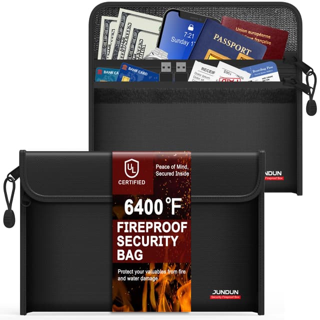 JUNDUN 6400℉ Fireproof Money Bag,8.6”x 5.9” Dual Zippers Fireproof Money Bag for Cash,12 Layer Heat Insulated Small Fireproof Envelope Pouch for Money,Cash,Card and Passport,Pack of 2