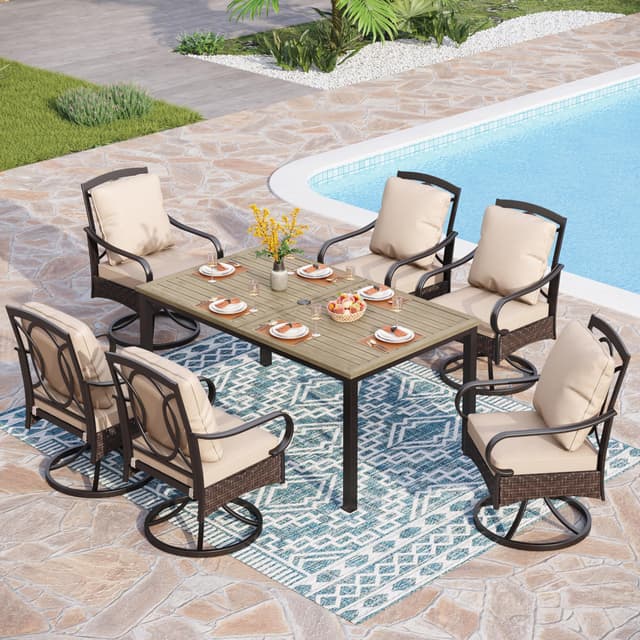 PHI VILLA 7-Piece Outdoor Dining Set, Heavy Duty Patio Table and Chairs Set with Umbrella Hole for 6, 64" Rectangular Patio Woodgrain Metal Table & Swivel Chairs with Cushions