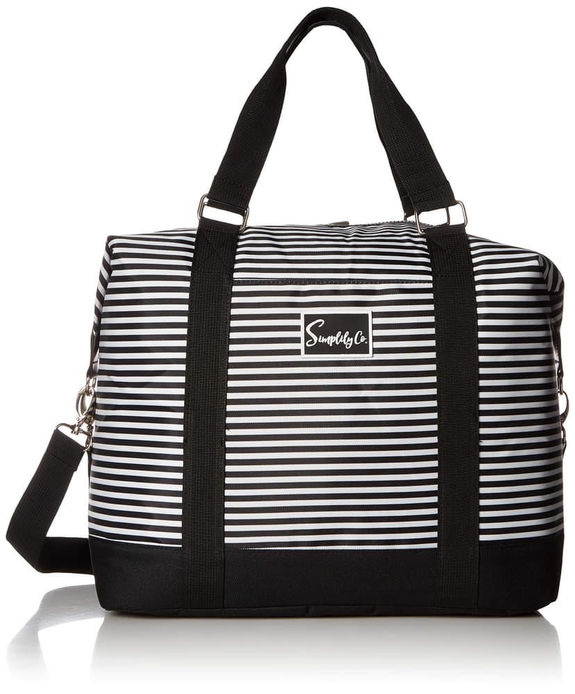 Simplily Co. Travel Weekender Overnight Carry-on Shoulder Duffel Tote Bag (8" x 12" x 16 (Large), Black & White Stripes)