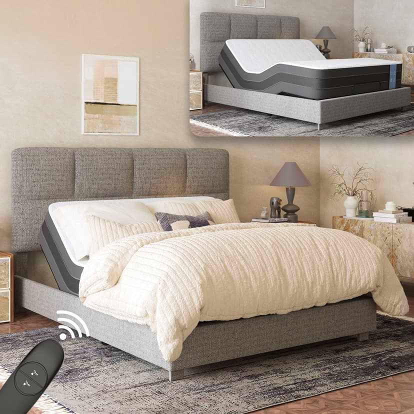 FLEXISPOT Queen All-in-One Adjustable Bed with 10'' Gel Memory Foam Mattress,Synchronized Head & Foot Lift for Reading, TV & Relaxation–Square Tufted Headboard–600 lbs–5Y Motor & 10Y Frame Warranty.