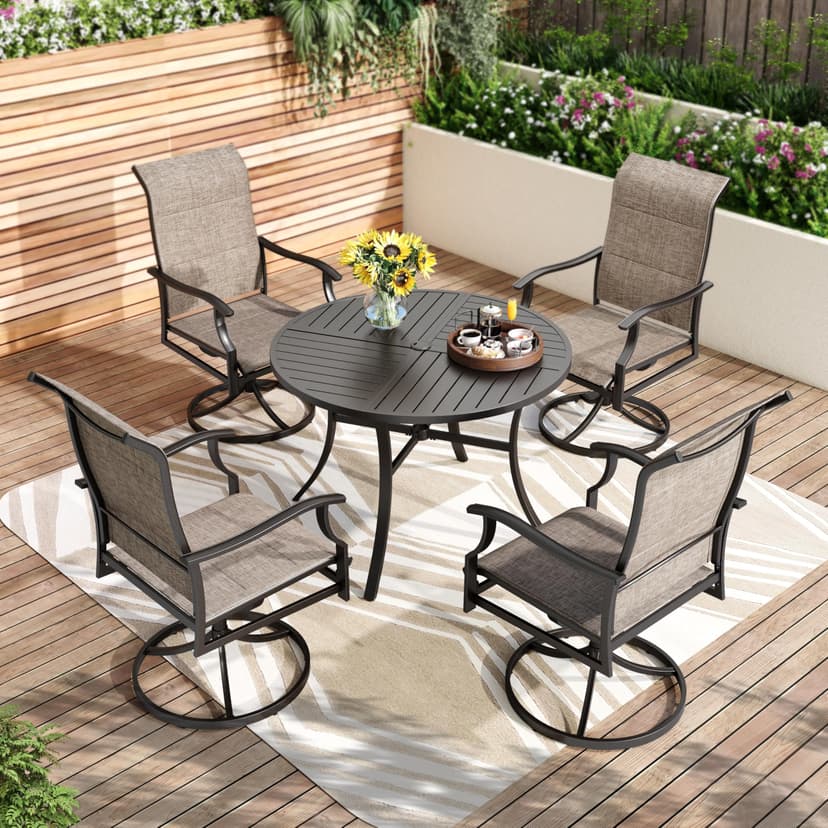 PHI VILLA 5 Piece Patio Dining Set, 4 Outdoor Swivel Dining Chairs and Large Round Dining Table(1.57’’ Umbrella Hole), All Weather Table and High Back Chairs for Outdoor Lawn Garden