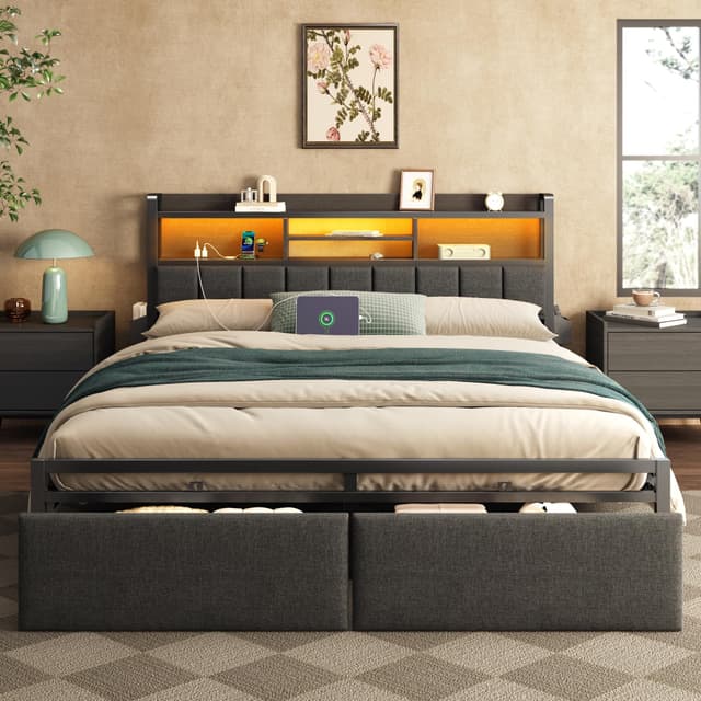 Furnulem King Bed Frame with Wood Headboard & Storage Drawers, Metal Platform Bed Frames King Size with LED Lights, Built in Charging Station, No Box Spring Needed, No Noise, Easy Assembly, Black