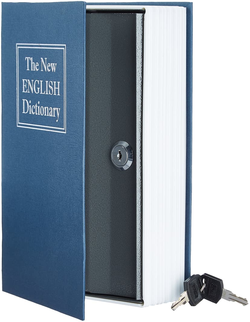 Amazon Basics Portable Diversion Book Safe, Secret Hidden Lock Box with Key Lock for Valuables, Hidden Storage Compartment Disguised as a Book, Large, Blue