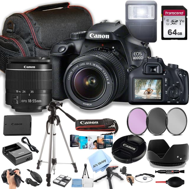Canon EOS 4000D / Rebel T100 DSLR Camera w/EF-S 18-55mm F/3.5-5.6 Zoom Lens + 64GB Memory, Filters,Case, Tripod, Flash, and More (34pc Bundle) (Renewed)