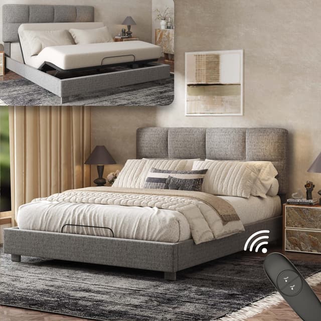 FLEXISPOT Adjustable Bed Frame Queen with Upholstered Square-Tufted Headboard and Footboard, Synchronized Head & Foot Lift, All-in-One, Design, 5-Year Motor & 10-Year Frame Warranty, Light Grey