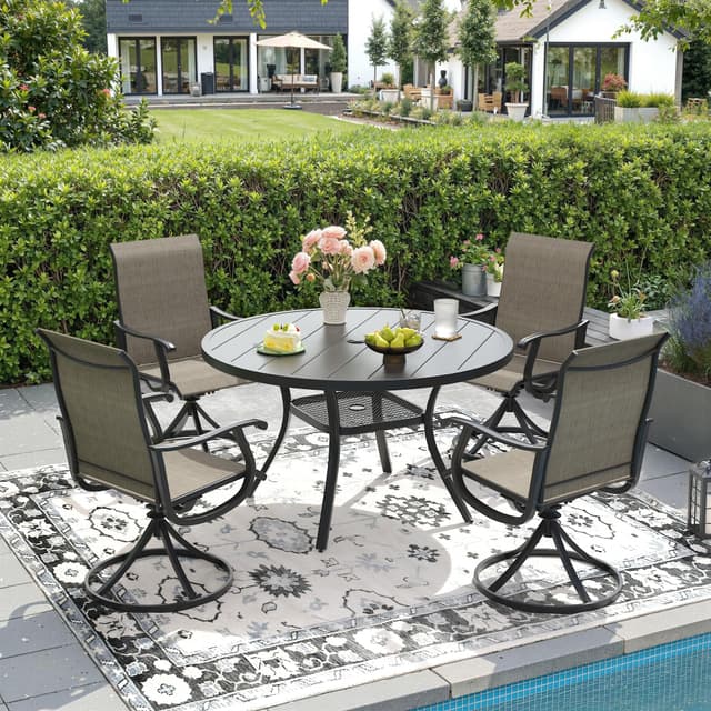 DIFY 5 Pieces Outdoor Patio Dining Set, 4 Brown Textilene Swivel Dining Chairs and 40.6" Black Round Dining Table, Metal Outdoor Table and Chairs