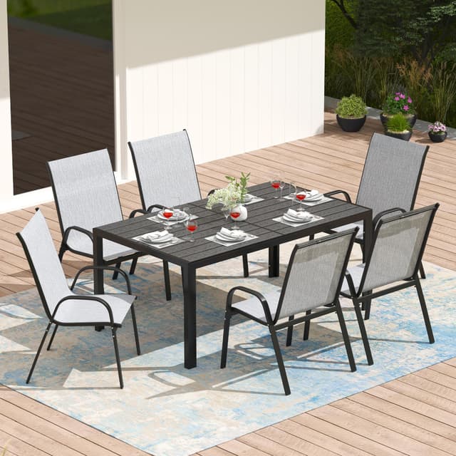 PIZZELLO 7-Piece Outdoor Dining Set Patio Dining Set for 6 Outdoor Table and Chairs All Weather Outdoor Patio Set w/Stackable Patio Chairs and HDPE Dining Table for Backyard, Garden and Poolside