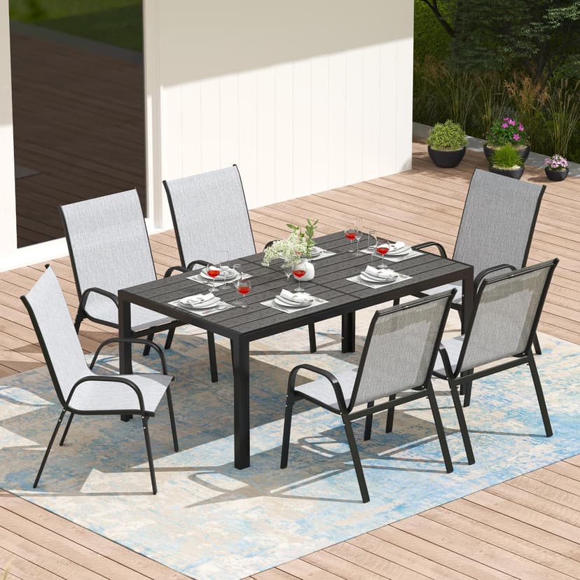 PIZZELLO 7-Piece Outdoor Dining Set Patio Dining Set for 6 Outdoor Table and Chairs All Weather Outdoor Patio Set w/Stackable Patio Chairs and HDPE Dining Table for Backyard, Garden and Poolside
