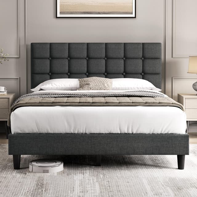 Yaheetech Upholstered Bed Frame, Modern Queen Bed Platform with Square Stitched&Button Tufting Headboard Height Adjustable, Wooden Slats Support, No Box Spring Needed, Queen Size, Dark Grey