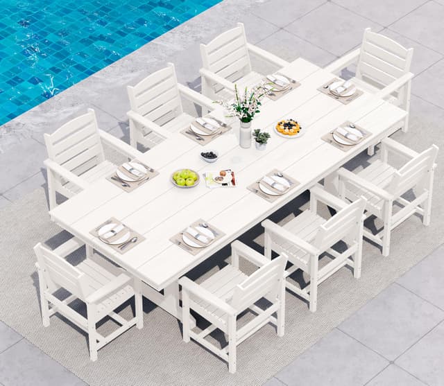 SERWALL 9 Piece Outdoor Dining Set, 84" HDPE Outdoor Table and Chairs for 8，All Weather Patio Furniture Set with Umbrella Hole for Backyard, Garden, White