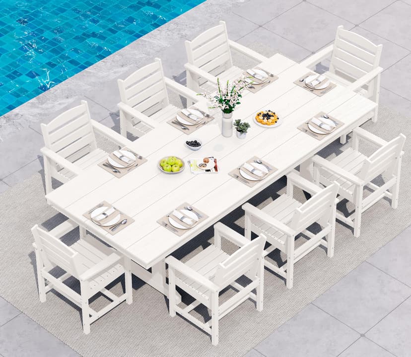 SERWALL 9 Piece Outdoor Dining Set, 84" HDPE Outdoor Table and Chairs for 8，All Weather Patio Furniture Set with Umbrella Hole for Backyard, Garden, White