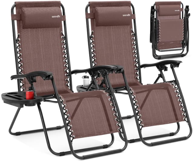 SereneLife Set of 2 Adjustable Steel Mesh Zero Gravity Lounge Chair Recliners w/Pillows and Cup Holder Trays - Brown