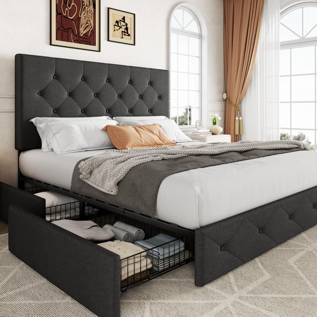 Allewie Upholstered Queen Size Platform Bed Frame with 4 Storage Drawers and Headboard, Diamond Stitched Button Tufted, Mattress Foundation with Wooden Slats Support, No Box Spring Needed, Dark Grey