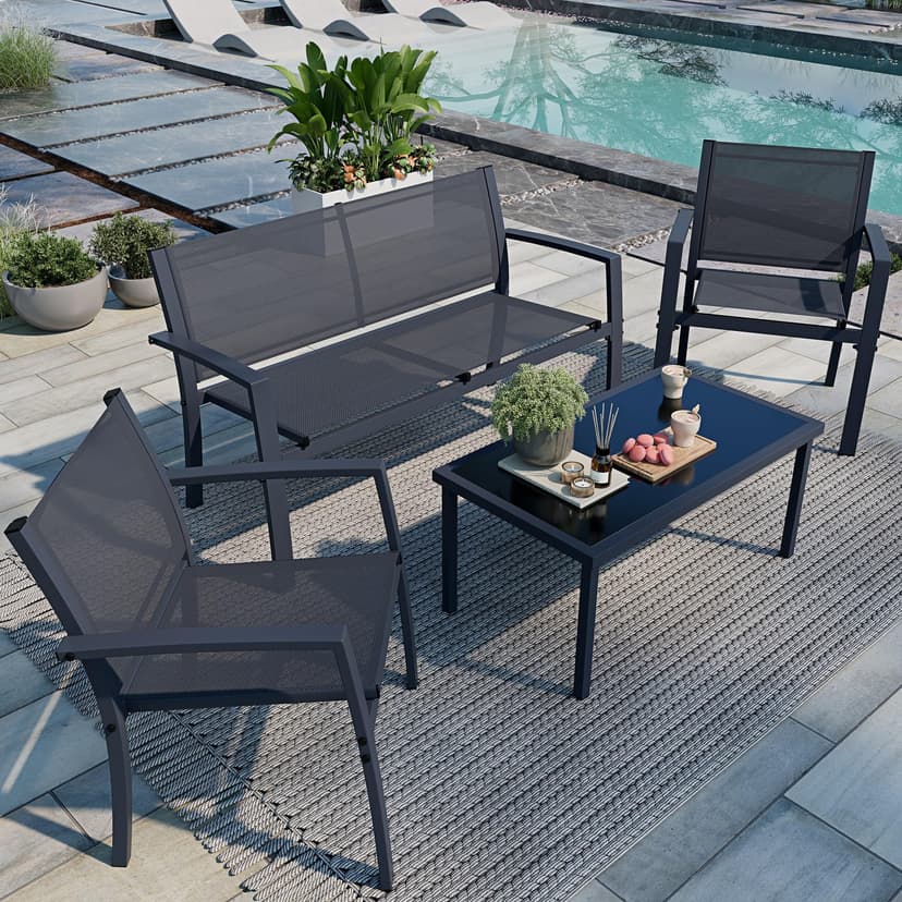 Shintenchi 4 Pieces Patio Furniture Set All Weather Textile Fabric Outdoor Conversation Set, with Glass Coffee Table, Loveseat, 2 Single Chairs for Home, Garden, Lawn, Porch（Gray）