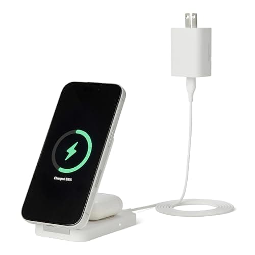 Amazon Basics 2 in 1 Wireless Charging Station, 25W Qi2.2 Certified, Magsafe Compatible, NA, White