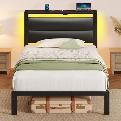Seventable Twin Bed Frame with Upholstered Storage Headboard, Charging Station & LED Lights, Metal Platform Bed with Under Bed Storage, No Box Spring Needed, Noise Free, Easy Assembly, Black