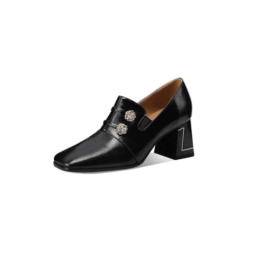 TinaCus Handmade Women's Genuine Leather Square Toe Decor Button Slip On Block Mid Heel Loafers Shoes (Black, US7.5)
