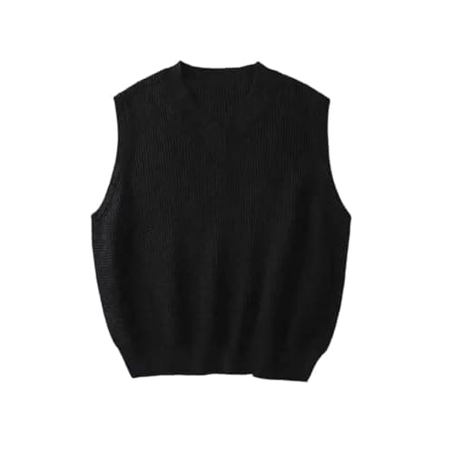 Men V Neck Solid Color Knit Sweater Vest Sleeveless Loose Fit Waistcoat Black S