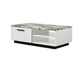agnixnaf White Coffee Table with Faux Marble Top, Drawer & 2 Open Storage Spaces, Black Base, Traditional Center Table, Rectangular, for Living Room, Dining Room, Office