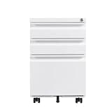 HKOURI Organize with 3 Drawer Mobile File Cabinet Lockable Metal for Home Office,5-Wheel Rolling, Under Desk Filing, Holding Legal/Letter Document Files, Assembly Required，White