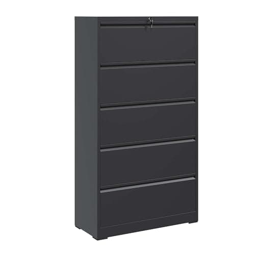 Amacv 5 Drawer Metal Lateral File Cabinet, Black Filing Cabinet with Lock, Lockable File Cabinet for Home Office, Locking Metal File Cabinet for Legal/Letter/A4/F4 Size