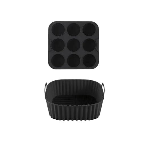 2-piece square silicone air fryer inner liner, reusable silicone air fryer inner liner, food safety air fryer accessories, bakin(Black)