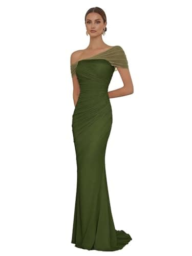 RYANTH One Shoulder Mermaid Prom Dress 2026 Chiffon Bridesmaid Dresses Long Ruched Formal Evening Gowns Olive Green
