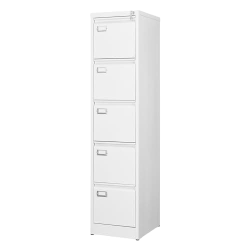 BYNSOE 5 Drawer File Cabinet with Lock Metal Vertical File Cabinet Office Home Vertical File Cabinet for A4 Legal/Letter Size Narrow File Cabinet Locked,Assembly Required (White, 5 Drawers-Vertical)