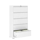 Kiwaou 5 Drawer Lateral File Cabinet, Locking Metal Filing Cabinet for Legal Letter A4 F4 Size, White Office Storage Cabinet with Lock