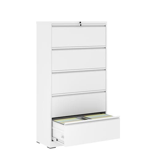 Havemies 5-Drawer Metal Lateral File Cabinet with Lock, White Heavy Duty Lockable Filing Cabinet for Home Office, All Drawers Locked Security, Legal/Letter/A4/F4 Size (White)