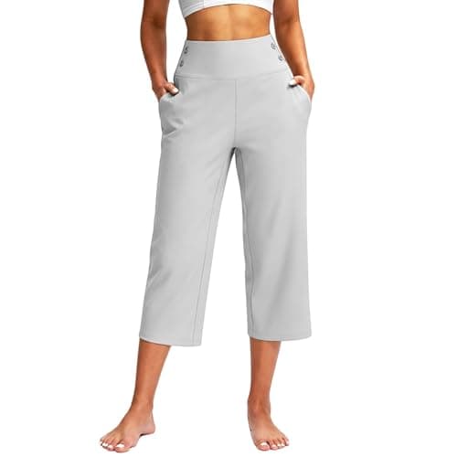 Linen Capri Pants for Women High Waist Wide Leg Cross Loose Casual Yoga Dress Work Capris Crop Pants with Pockets White