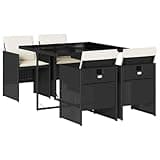 XHNIFBN 5-Piece Garden Dining Set with 4 Cushioned Chairs and 1 Table, Outdoor PE Rattan Furniture for Patio Balcony and Terrace, Modern Wicker Dining Set for 4 People, Black and Cream White