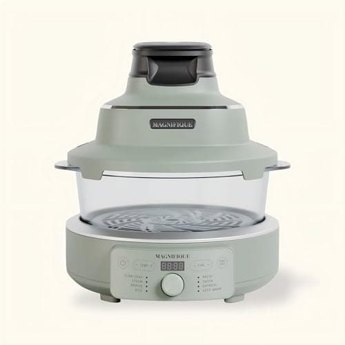 MAGNIFIQUE 12-in-1 Glass Air Fryer & Multi Cooker Combo, Non Toxic Air Fryer and Slow Cooker with 4.5QT Borosilicate Glass Pot, Stainless Steel Crisper Disk, Rice, Proof, Pasta, Keep Warm, Olive