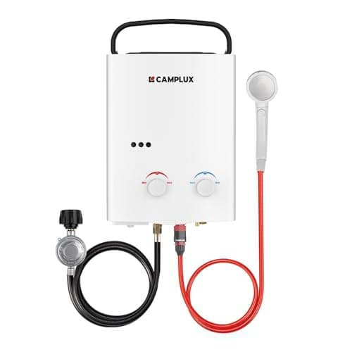 CAMPLUX 5L Portable Tankless Water Heater, 1.32 GPM Outdoor Propane Shower for Camping, RV, Off-Grid, Instant Hot Water with Folding Handle, Overheat Protection, Low Pressure Startup, AY132, White