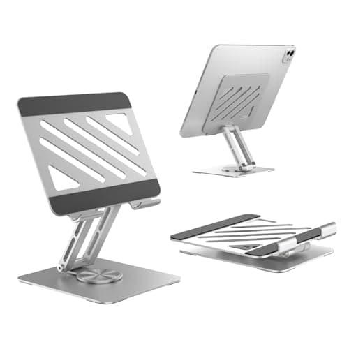 Tigris Tablet Stand for iPad, 360°Rotating Foldable Aluminum Desk Stand with Height & Angle Adjustment, Portable Tablet Holder for Office, Meetings,Kitchen, Compatible with iPad, Kindle, Surface,Siver