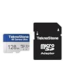 TEKNOSTONE Camera 128GB MicroSDXC Flash Memory with Adapter 180MB/s Read 130MB/s Write Speed UHS-I C10 U3 V30 A2 Rated 4K/5K UHD Support TF Card Suitable for GoPro DJI Insta360 Cameras Drones (1 Pack)