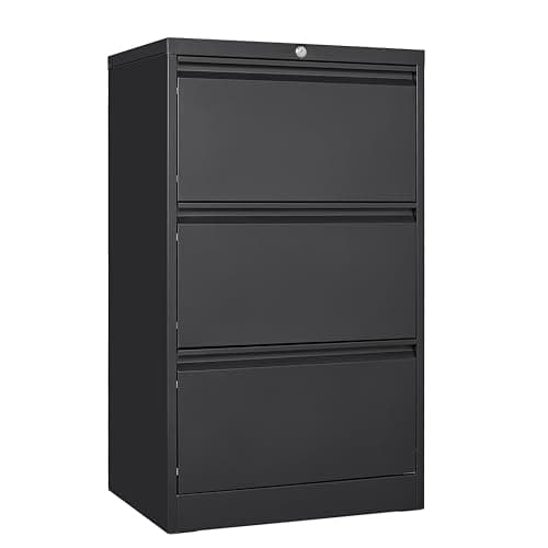 Hipicute 3 Drawer Lateral File Cabinet with Lock, Black Metal Filing Cabinet, Horizontal Locked Wide Drawer File Cabinets for Office Home, Fit A4/F4/Letter/Legal Files