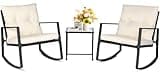 SUNCROWN 3 Piece Outdoor Rocking Bistro Set Black Wicker Furniture Porch Chairs Conversation Sets with Glass Coffee Table, Beige